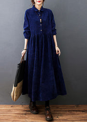 Fitted Navy Blue Peter Pan Collar Patchwork Corduroy Maxi Dresses Fall