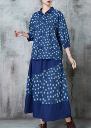 Fitted Navy Print Patchwork Linen Women Sets 2 Pieces Spring