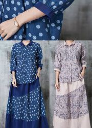 Fitted Navy Print Patchwork Linen Women Sets 2 Pieces Spring