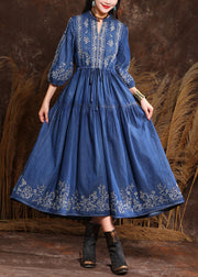 Fitted Navy V Neck Embroidered Patchwork Elastic Waist Maxi Denim Dresses Half Sleeve