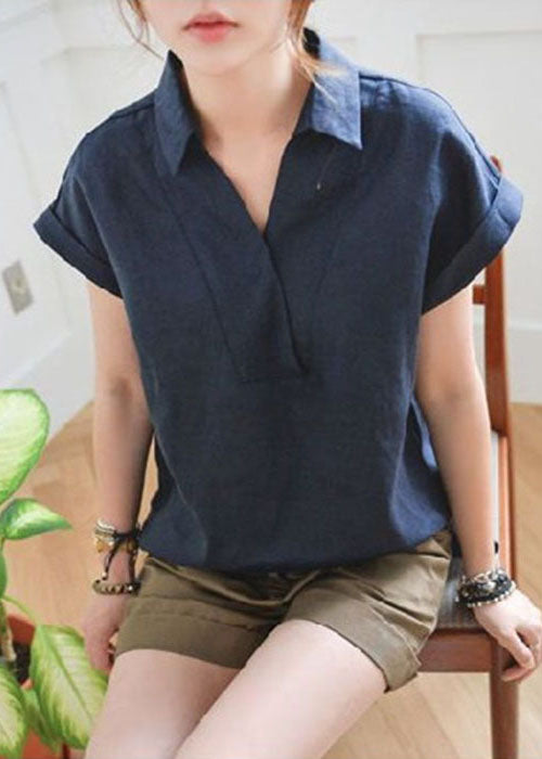 Fitted Navy V Neck Low High Design Linen Shirt Top Short Sleeve