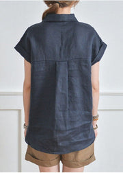 Fitted Navy V Neck Low High Design Linen Shirt Top Short Sleeve