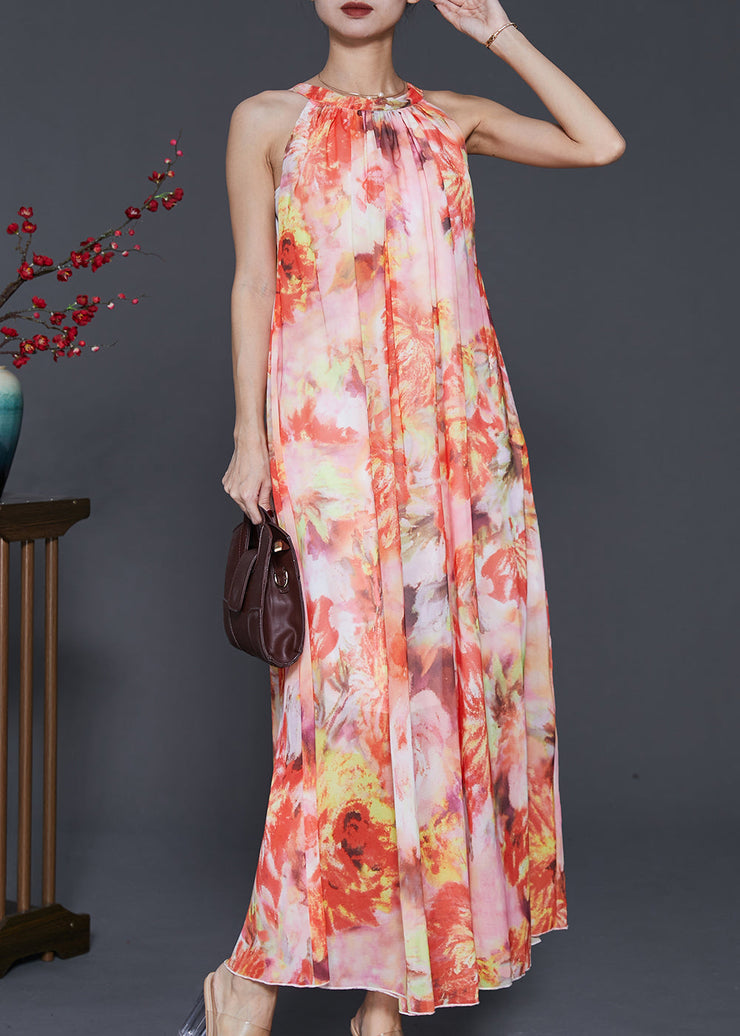 Fitted Orange Cold Shoulder Print Chiffon Long Dress Summer