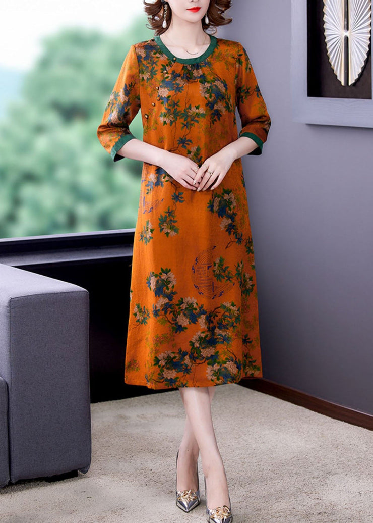 Fitted Orange O Neck Print Patchwork Silk Dresses Summer