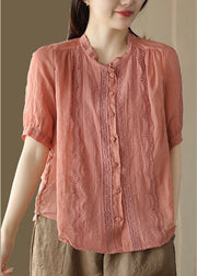 Fitted Orange Ruffled Patchwork Button Ramie Shirt Short Sleeve