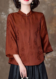 Fitted Orange Tasseled Jacquard Patchwork Silk Shirt Top Spring