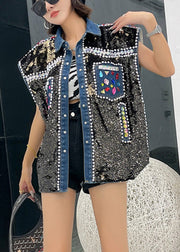 Fitted Peter Pan Collar Patchwork Sequins Zircon Button Denim Waistcoat Sleeveless