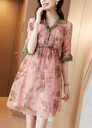 Fitted Pink V Neck Ruffled Print Chiffon Maxi Dress Half Sleeve