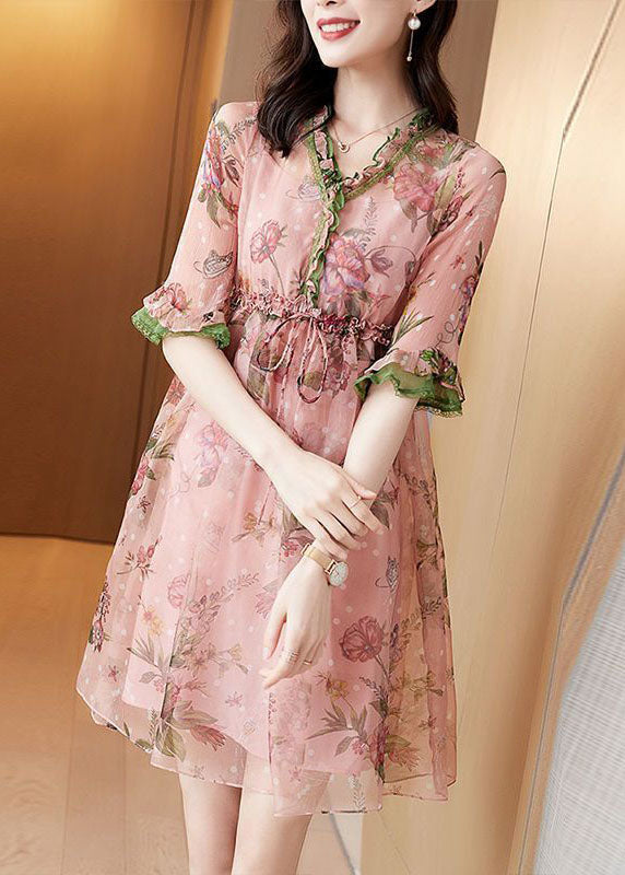 Fitted Pink V Neck Ruffled Print Chiffon Maxi Dress Half Sleeve