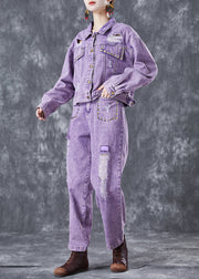 Fitted Purple Hollow Out Rivet Denim Two Pieces Set Summer