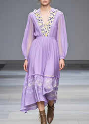 Fitted Purple V Neck Ruffled Patchwork Maxi Dresses Fall