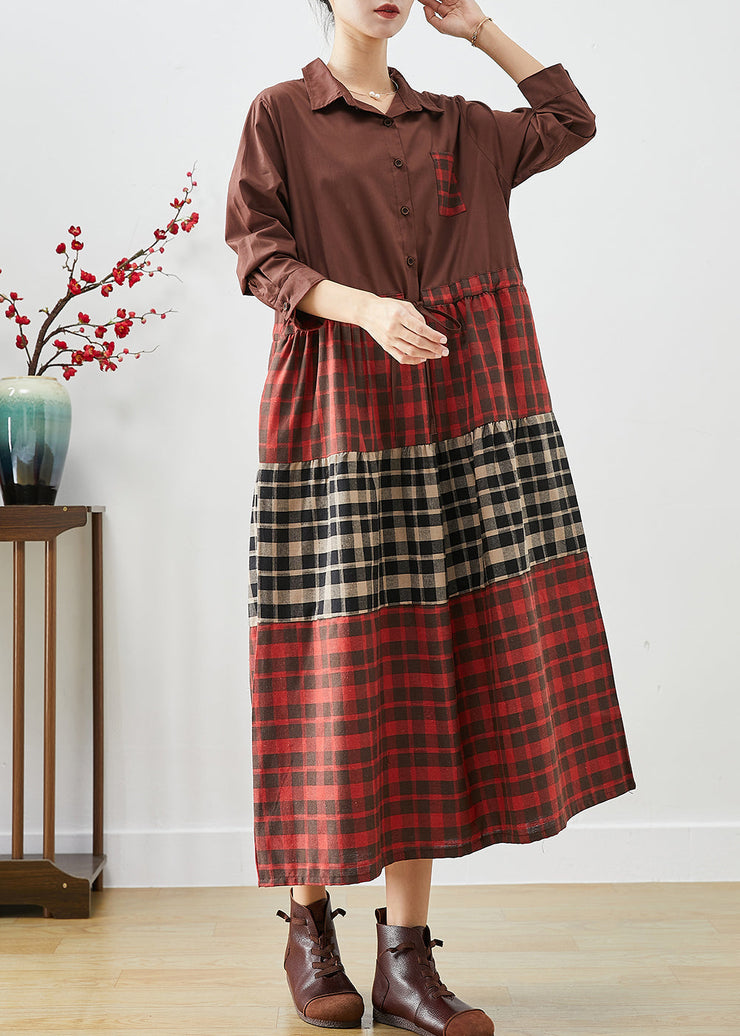 Fitted Red Cinched Patchwork Plaid Cotton Dresses Fall