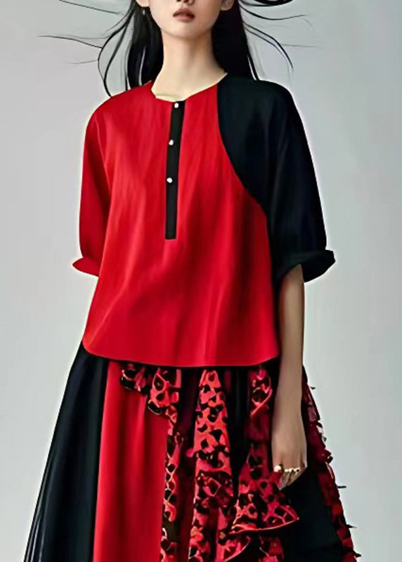 Fitted Red Print Holiday Chiffon Long Dress Short Sleeve