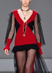 Fitted Red V Neck Patchwork Tulle Hollow Out Knit Dress Fall