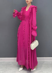 Fitted Rose V Neck Ruffled Patchwork Chiffon Dress Flare Sleeve