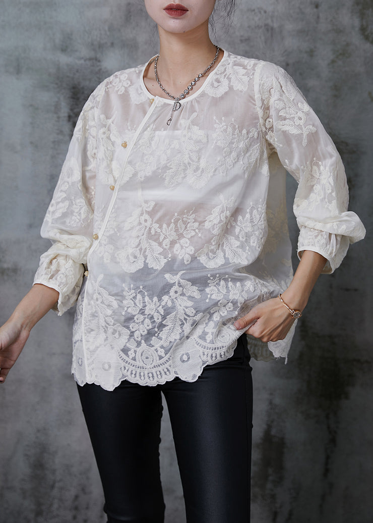 Fitted White Embroidered Cotton Shirt Summer