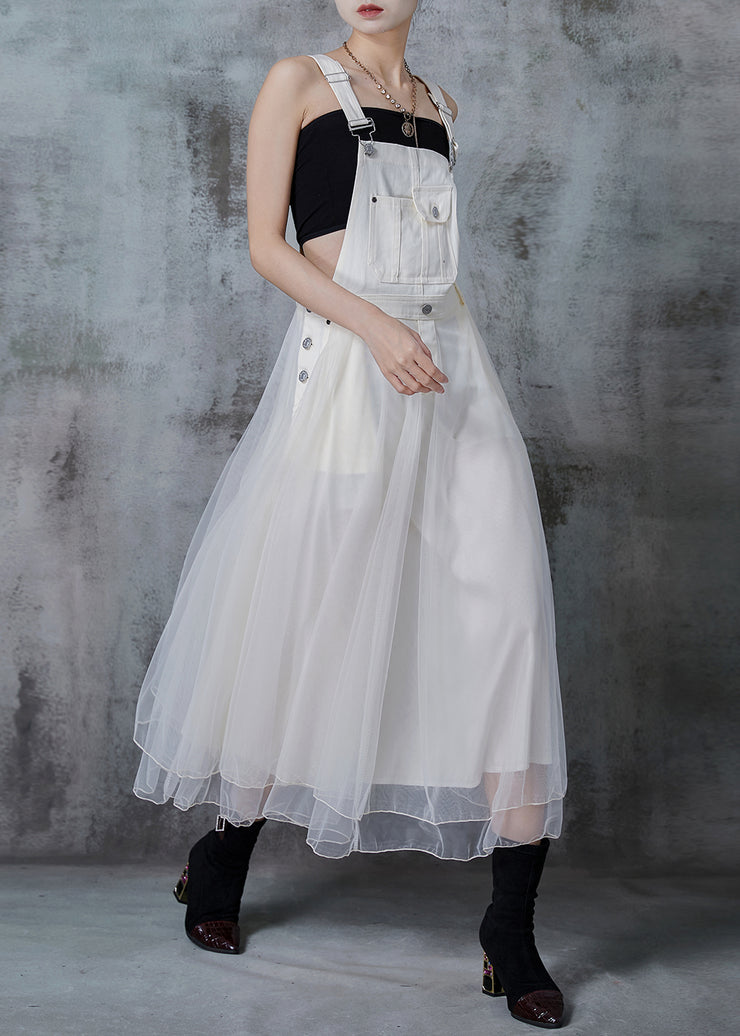 Fitted White Silm Fit Patchwork Organza Long Dress Fall