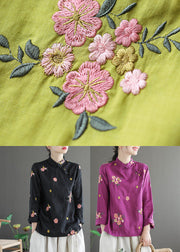 Fitted Yellow Mandarin Collar Floral Embroideried Linen Blouse Top Long Sleeve