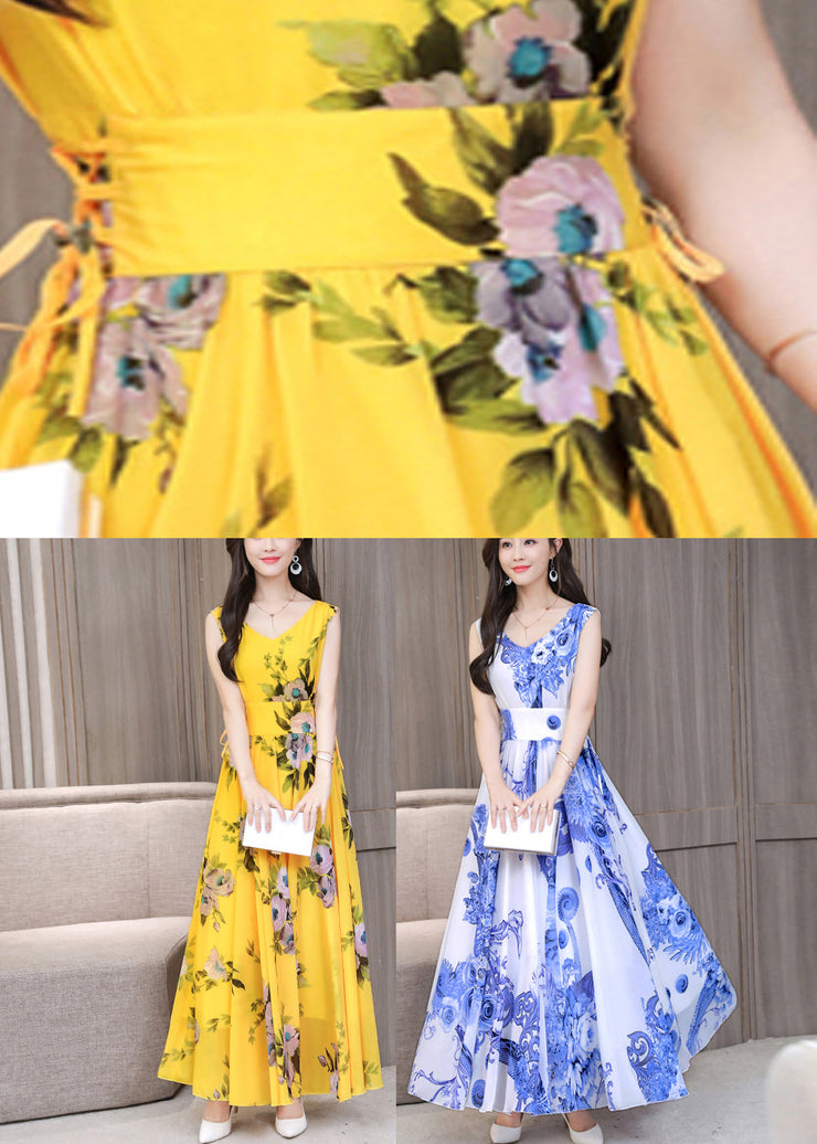 Fitted Yellow V Neck Print Chiffon Long Dress Summer