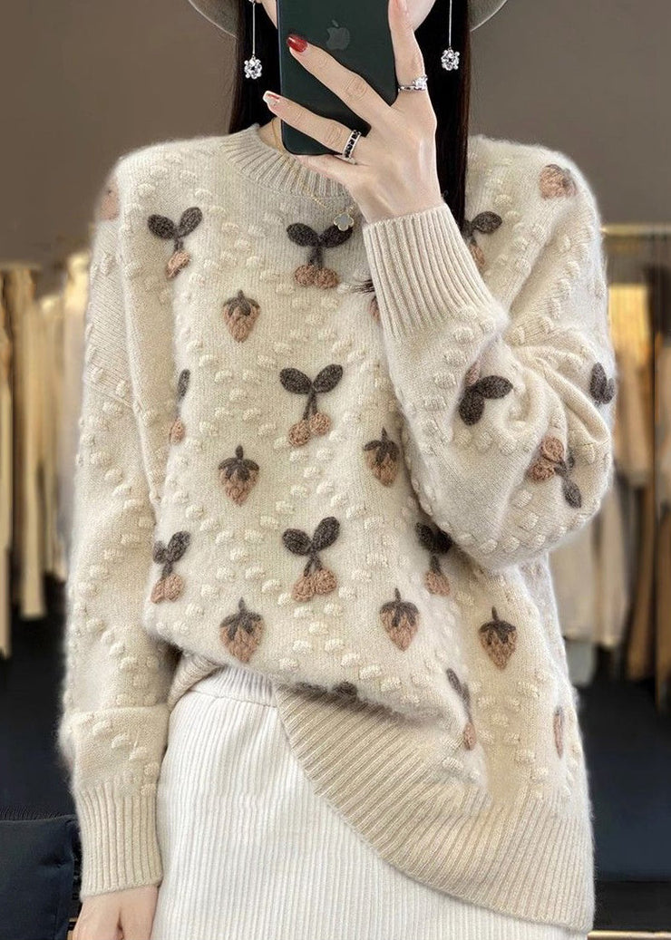 Floral Beige O Neck Cozy Cotton Knit Sweaters Long Sleeve