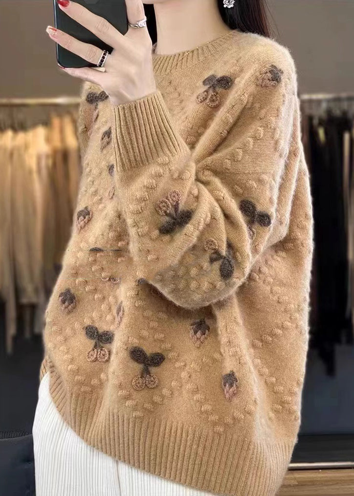 Floral Beige O Neck Cozy Cotton Knit Sweaters Long Sleeve