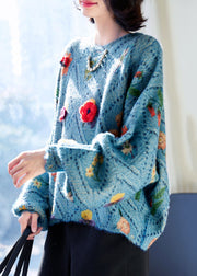 Floral Blue O-Neck Hollow Out Knit Sweaters Fall