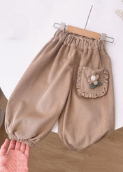 Floral Coffee Pockets Elastic Waist Corduroy Girls Beam Pants Spring