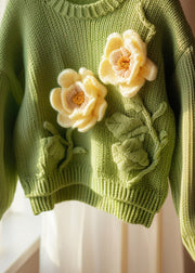 Floral Green O Neck Hollow Out Knit Sweater Fall