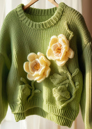 Floral Green O Neck Hollow Out Knit Sweater Fall