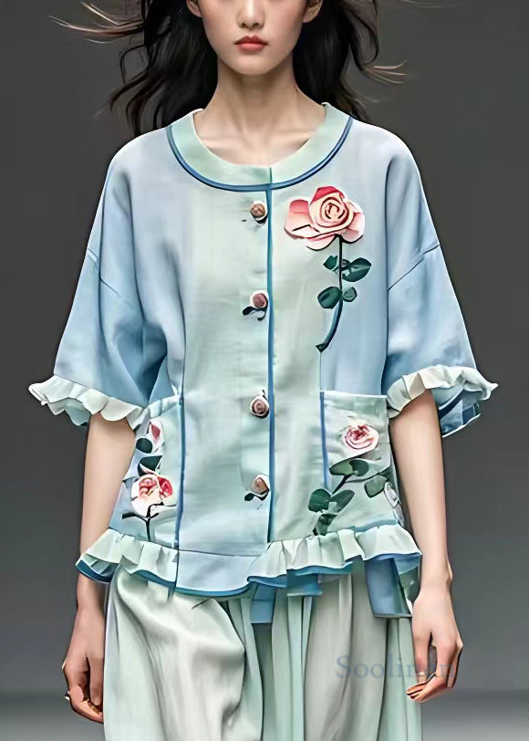 Floral Light Blue O Neck Pockets Cotton Shirt Half Sleeve