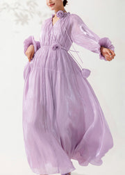 Floral Light Purple Ruffled Lace Up Silk Long Dress Fall