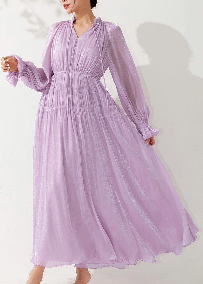 Floral Light Purple Ruffled Lace Up Silk Long Dress Fall