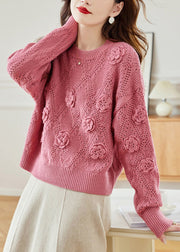 Floral Pink Hollow Out Solid Knit Sweaters Fall