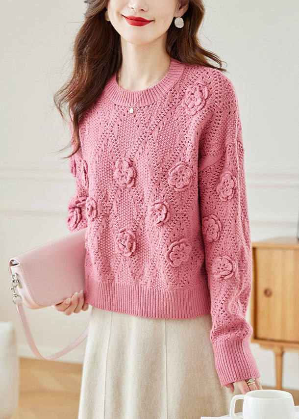 Floral Pink Hollow Out Solid Knit Sweaters Fall