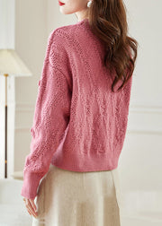 Floral Pink Hollow Out Solid Knit Sweaters Fall