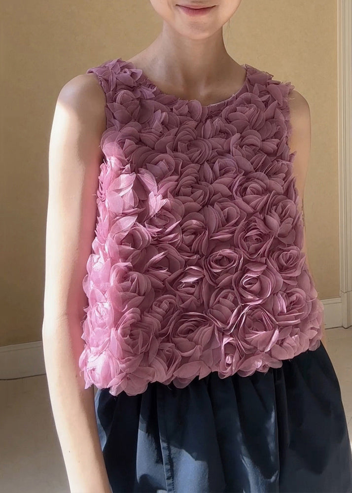 Floral Pink O-Neck Solid Tulle Tank Sleeveless