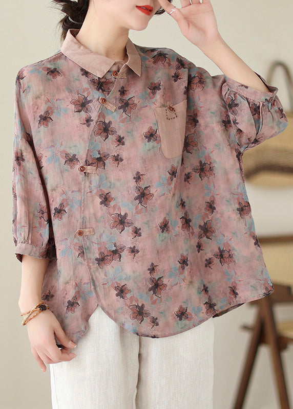 Floral Print Peter Pan Collar Button Cotton Tops Spring