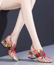 Floral Red Buckle Strap Breathable Mesh Splicing Chunky High Heels