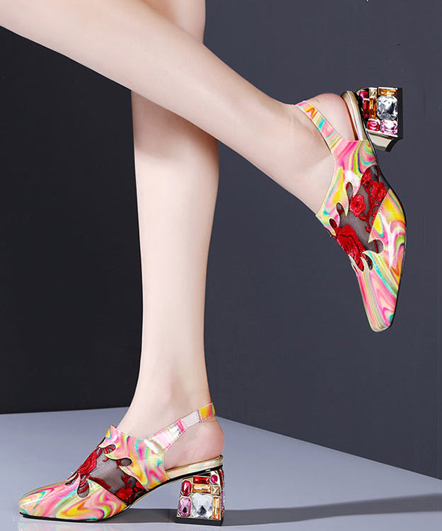 Floral Red Buckle Strap Breathable Mesh Splicing Chunky High Heels