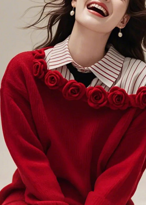 Floral Red Slash Neck Solid Knit Sweater Dress Fall