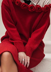 Floral Red Slash Neck Solid Knit Sweater Dress Fall