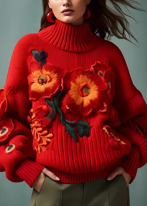 Floral Red Turtleneck  Cotton Knit Sweaters Long Sleeve