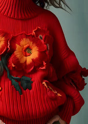 Floral Red Turtleneck  Cotton Knit Sweaters Long Sleeve