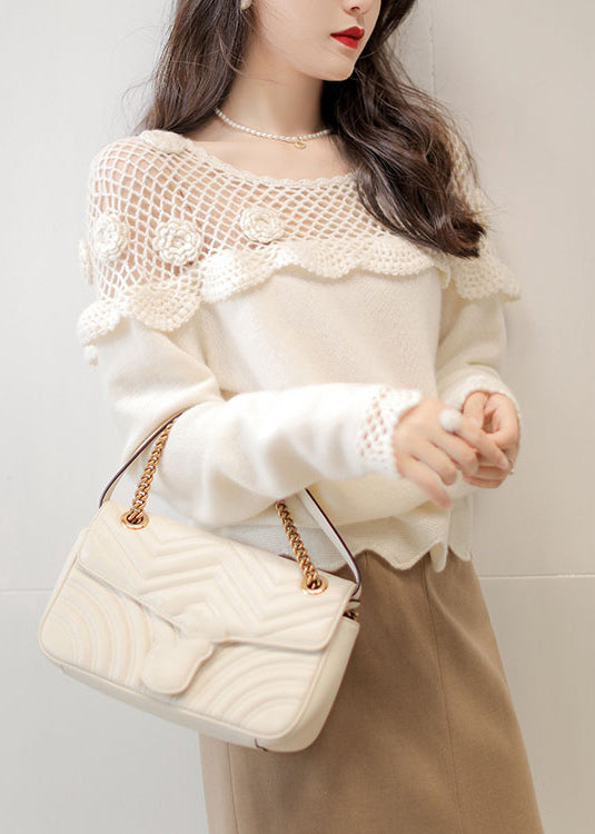 Floral White Hollow Out Patchwork Cotton Knit Top Long Sleeve