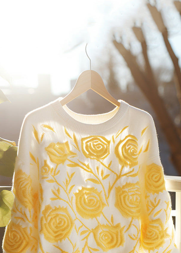 Floral Yellow O Neck Cozy Knit Fall Sweaters