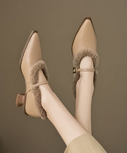 French Apricot Buckle Strap Fuzzy Wool Lined Pointed High Heels