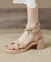 French Apricot Chunky Heel Cross Strap Sandals Peep Toe Nail Bead