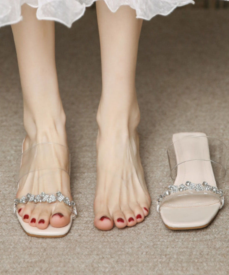 French Apricot Clear Chunky Heels Slide Sandals Peep Toe Zircon