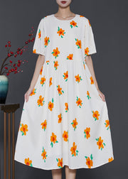 French Apricot Floral Print Cotton Holiday Dress Summer