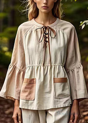 French Apricot Lace Up Pockets Cotton Blouses Fall